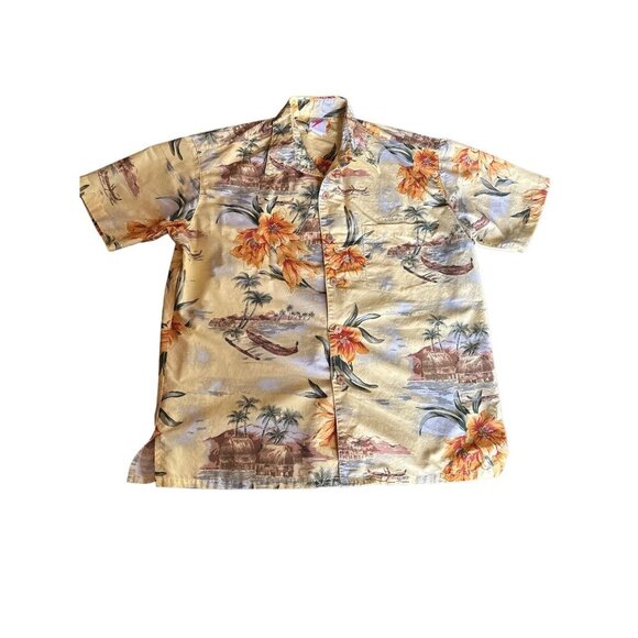 Speedo Yellow Hawaiian Print Tropical Island Short Sleeve Shirt Size Medium - Picture 1 of 6